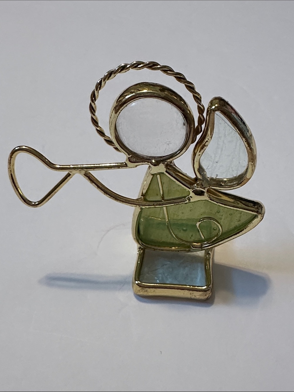 Vintage Gold-Tone Stained Glass Angel Green and Clear Accents